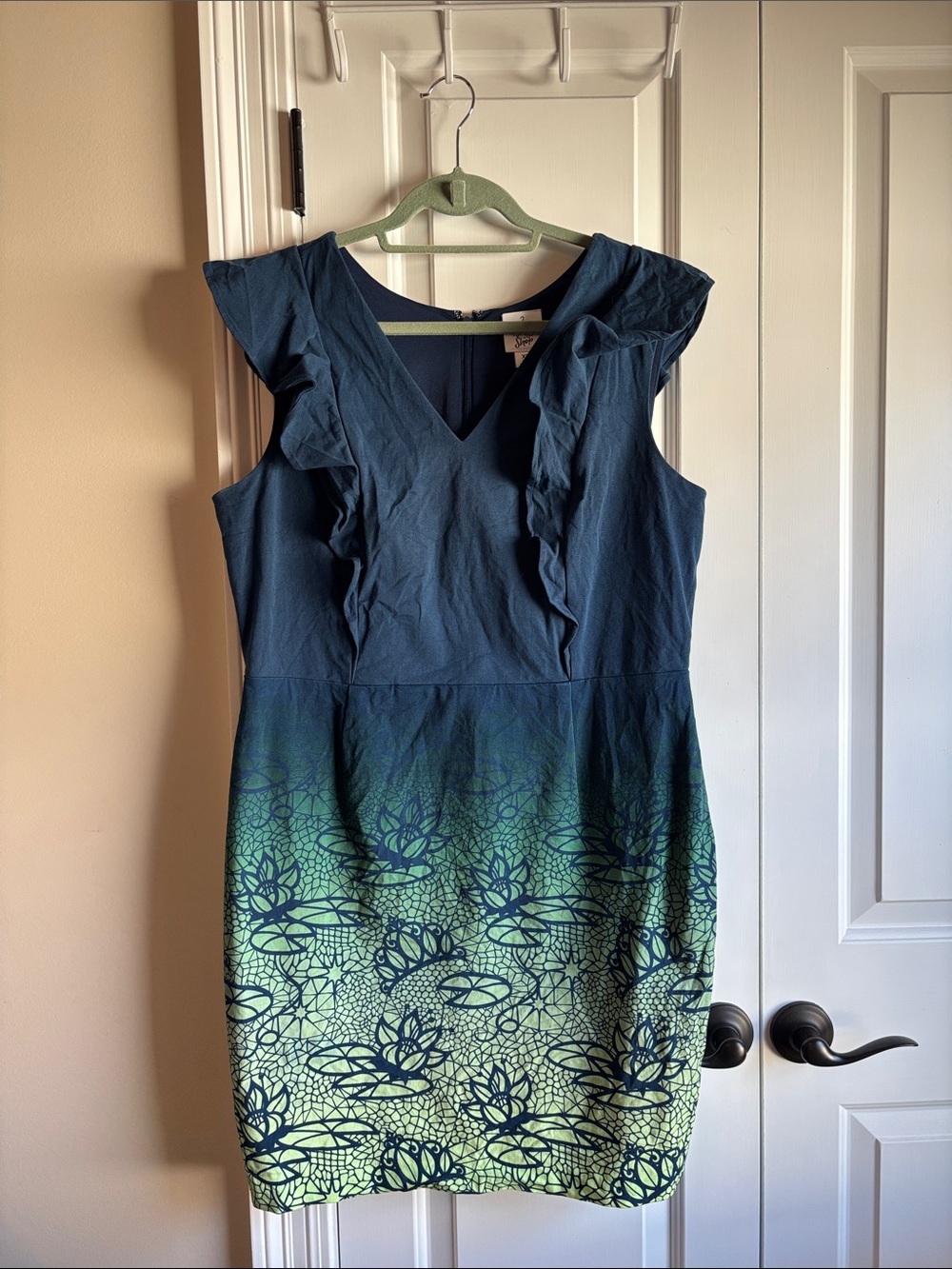 Princess Tiana Disney Dress XL Navy and Green Floral Ombre Ruffle Sheath Dress
